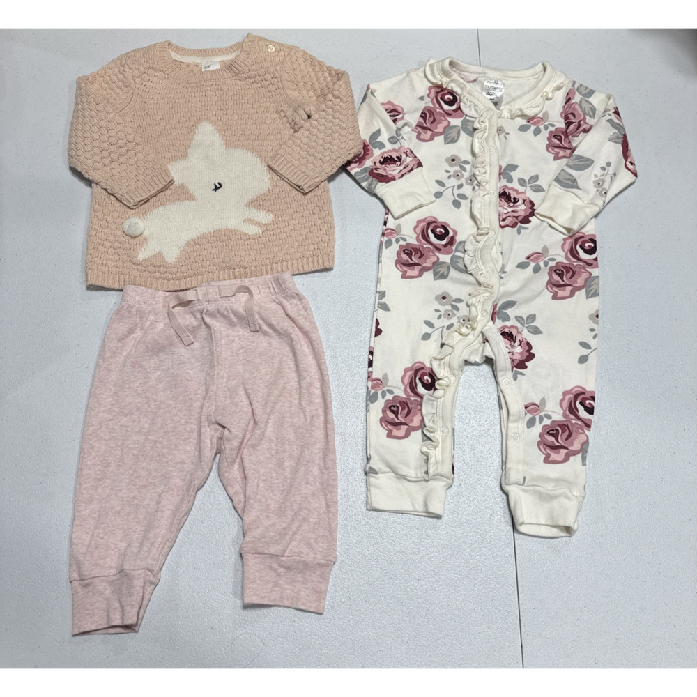 Girls Clothes Baby Size 6-9 & 6-12M Bunny Sweater, Roses Footless, Pink Bottom